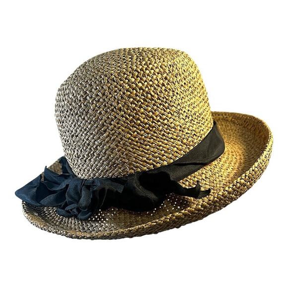 Tan Straw Sun Hat VINTAGE 90s with Wide Brim and a Black French Ribbon Accent - Picture 8 of 12